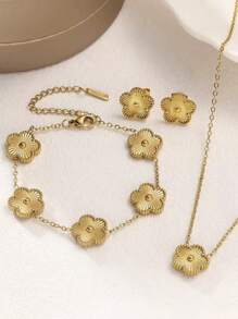1pc/Set Elegant Minimalist Versatile 18K Gold Plated Stainless Steel Clover Necklace, Bracelet, Earrings & Ring Jewelry Set, Suitable For Women Everyday & Party Wear