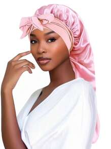 1pc New Long Taffeta Sleeping Cap, Women's Fashion Hair Care Hat, Bowknot Headband Beanie