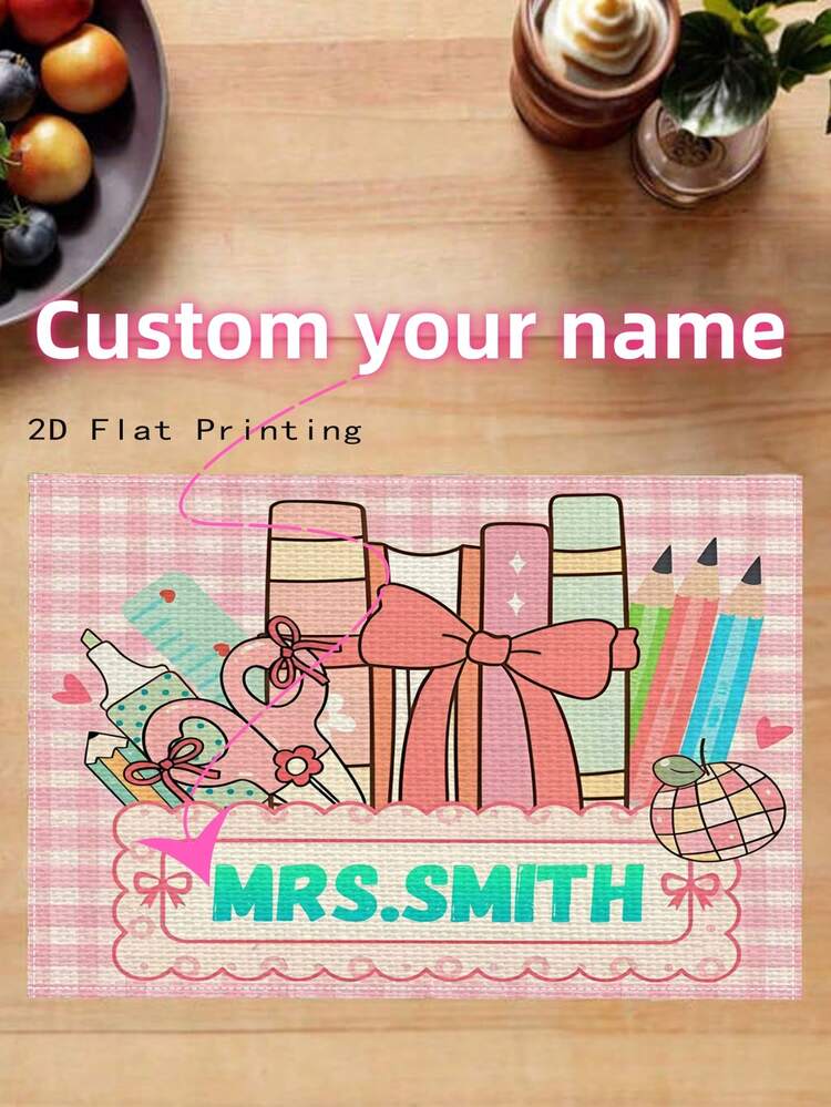 1 pieza Mantel personalizado con nombre de vuelta al colegio, patrón de papelería estudiantil, 42*32cm, mantel decorativo de lino para mesa de comedor, adecuado para decoración de restaurante y cocina en días festivos, gran regalo para familia, amigos y parejas - CD multicolor - Añade 1