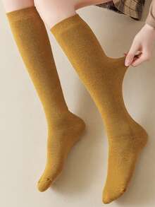 冬季保暖长袜 女式加厚保暖过膝袜 透气纯色原宿风休闲加厚毛圈袜，Y2k风格，舒适 - 彩色 - 查看 4