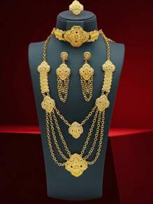 Set de joyería vintage de 5 piezas, de aleación de cobre chapado en oro de 24K, con un estilo exagerado que incluye collar, aretes y anillo, adecuado para mujeres, especialmente para bodas, fiestas y ocasiones de Ramadán