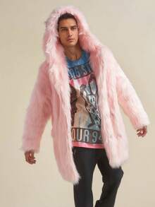 1pc Men's Long Sleeve Faux Fur Coat, Fluffy Soft Pink Furry, Hooded With Ears, Cute & Playful, Loose Fit, Mid-Length, Suitable For Autumn/Winter, Holidays, Daily, Travel, Outdoor, Streetwear, Home Wear