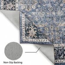 Boho Vintage Floral Rug, Washable Area Rug, Large Rug Made Of Soft Faux Lamb Velvet With Non-Slip TPR Backing For Bedroom, Bathroom, Dining Room, Kitchen, Office - Màu xanh lam - Xem 6