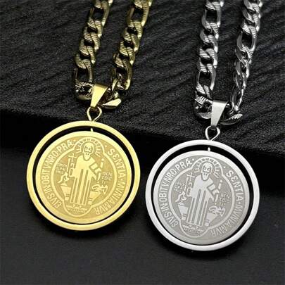 Collana con medaglia rotante di San Benedetto in acciaio inossidabile placcato oro, gioielli da uomo e donna, stile hip hop