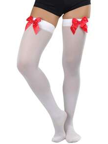 1pc Minimalist Bow Decor Smooth Soft Over-The-Knee Socks - Red - View 2