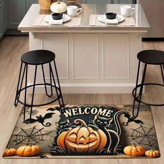 Halloween Pumpkin Print Flannel Doormat - Soft, Absorbent, Non-Slip, Thick Sponge Pad, Suitable For Comfortable Entryway, Bedroom, Living Room Decor, Seasonal Autumn Theme