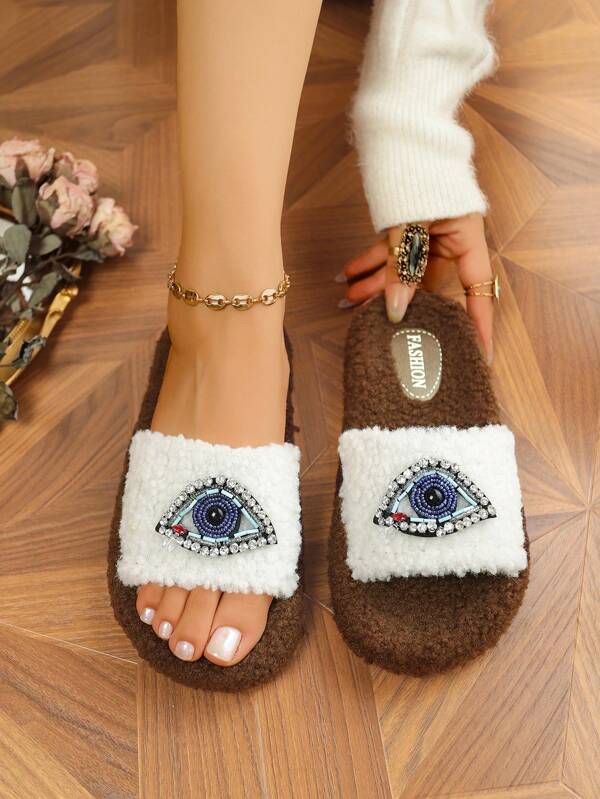 New Autumn Furry Thermal Slippers For Women, One-Word Open Toe Diamond Eye Ladies Sandals