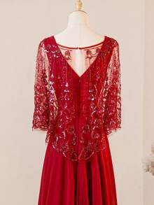 雪纺 V 领无袖连衣裙配蕾丝披肩，圣诞晚礼服配免费披肩 - 紅色 - 查看 10