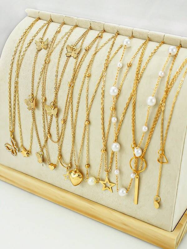 11pcs Elegant Vintage Faux Pearl, Heart, Rhinestone, Butterfly, Geometric, Vertical Stripe, Snake Chain Metal Pendant Multilayer Necklace Set, Suitable For Holiday, Party, Date, Gift, Daily Wear (No Box)