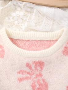Girls' Knitted Round Neck Pink Bow Pattern Sweater, Soft & Comfortable Fabric, Versatile For Winter - Pink - View 2