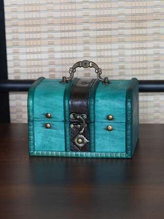 1 pieza Caja de joyería vintage cuadrada hecha a mano de madera y cuero de color azul-verde, cofre del tesoro con cerradura, encantador, rústico y elegante, caja de almacenamiento de joyas compacta y con cerradura para anillos, collares, aretes, pulseras, pieza decorativa para el hogar en el tocador, mesita de noche, regalo perfecto para Navidad, Acción de Gracias, Halloween, bodas, aniversarios, cumpleaños, recuerdo romántico, organizador portátil para accesorios pequeños