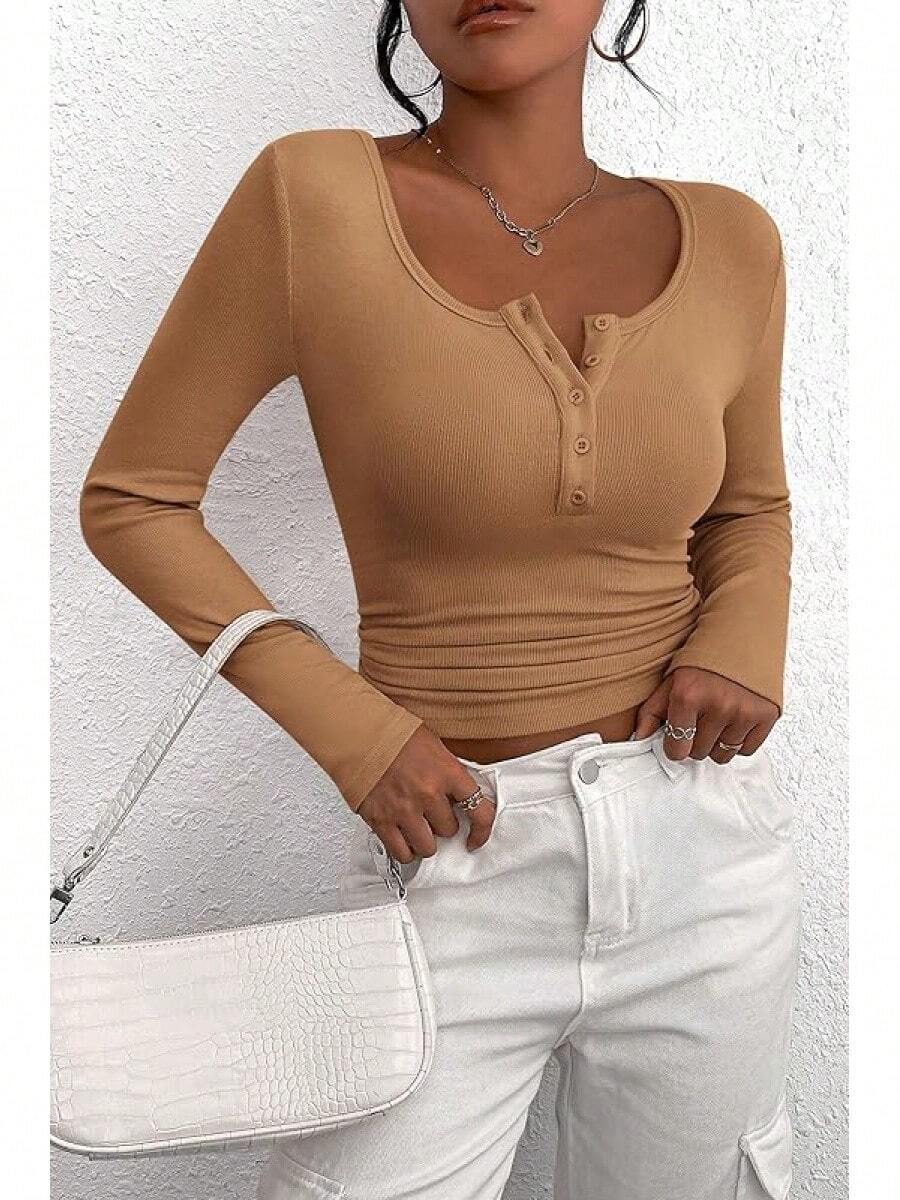 Women's 2026 Fall Long Sleeve Henley T Shirts Button Ribbed Knit Slim Fit Basic Tops Blouse Casual Outfits/Vacation Outfits Women/Valentine Outfits For Women - 淺駝色 - 查看 1