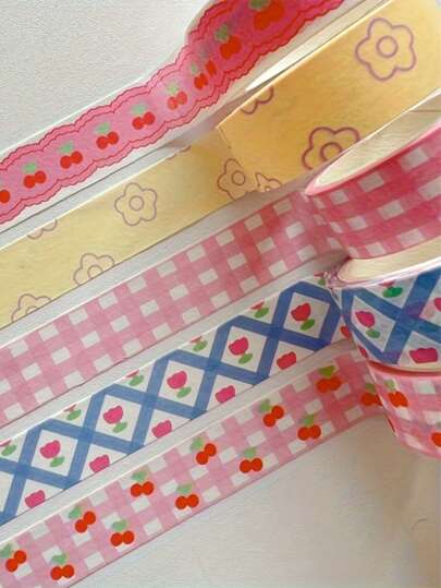 1pc Pink Grid Cherry Flower Diary Tape, Pink Grid Cherry Flower Stickers Decorative Stickers DIY Glue Paper, Decorative Adhesive Masking Tape For Scrapbooks, Diaries, Crafts Scrapbooking, Floral Washi Tape