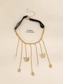 1 Stück Urlaubsstil sexy Spitze, minimalistischer Schmetterling Anhänger mit Kunstperlen, mehrlagige Quasten Kette Körperkette & Beinkette - Goldgelb - Übersicht 2