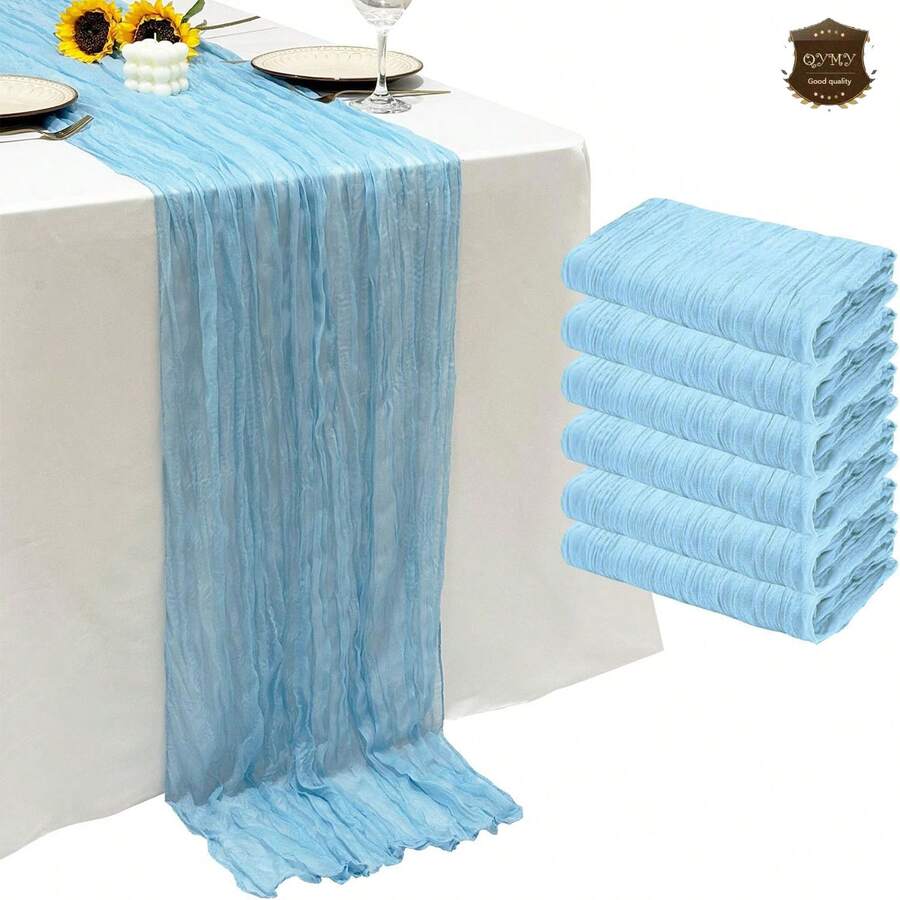 6pcs Light Blue Bohemian Cheese Cloth Table Runner, Sheer Fabric For Wedding, Birthday, Bridal Shower, Party, Banquet, Daily Dining Table Decor