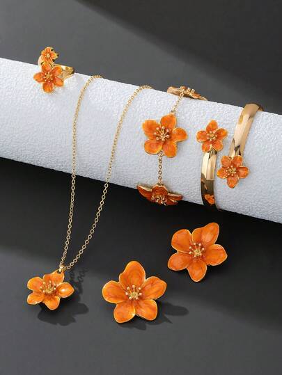 1 Pc Handmade Retro Dopamine Inspired Orange 5-Petal Flower Pendant Necklace, 1 Pair Earrings, 1 Pc Bracelet, 1 Pc Ring, 1 Pc Bangle, Women Summer Jewelry Set, Versatile Combination
