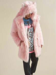 1pc Men's Long Sleeve Faux Fur Coat, Fluffy Soft Pink Furry, Hooded With Ears, Cute & Playful, Loose Fit, Mid-Length, Suitable For Autumn/Winter, Holidays, Daily, Travel, Outdoor, Streetwear, Home Wear