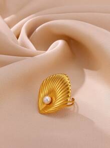 时尚夸张花朵女士戒指，优雅仿珍珠戒指，不锈钢配饰，海螺壳戒指海洋珠宝，复古天然石女士珠宝金色宽口可调节开口戒指派对婚礼旅行厚重珠宝圣诞礼物