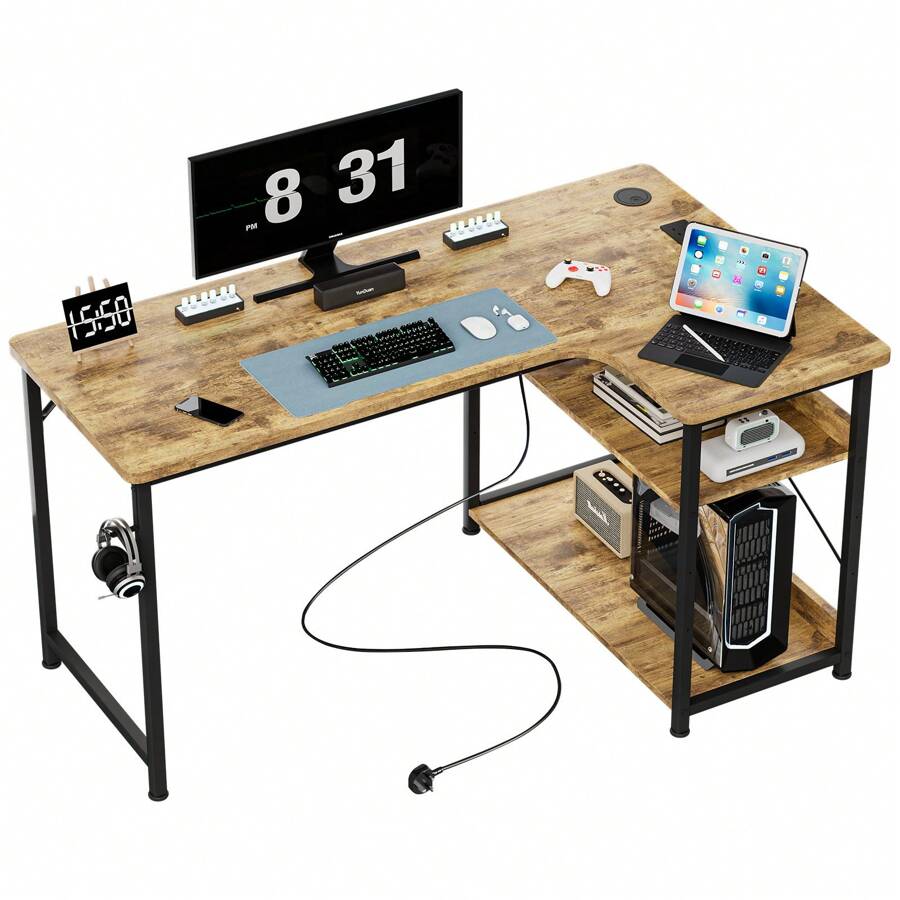 L Shaped Gaming Desk With Power Outlets Corner Computer Desk 110x80CM With Shelves Headphone Hook PC Table Workstation For Home Office Bedroom