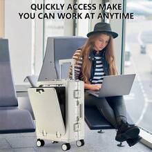 1pc Front Opening 20-Inch Carry-On Luggage With USB Port & Cup Holder & Phone Holder, Versatile Aluminum Framed Carry On Suitcase With Spinner Wheels And Laptop Compartment Pocket, High-Value Durable Hardside Luggage, Password Lock Trolley Case - 深灰色 - 查看 6