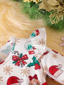 Baby Girls Christmas Snowman Snowflake Sock Printed Patchwork Mesh Ruffle Hem Dress With Sash - Red - View 7