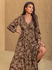 Rusttydustty Bohemian Women Plus Size Floral V-Neck Elegant Dress Casual Natural Comfortable Beach Holiday Music Festival
