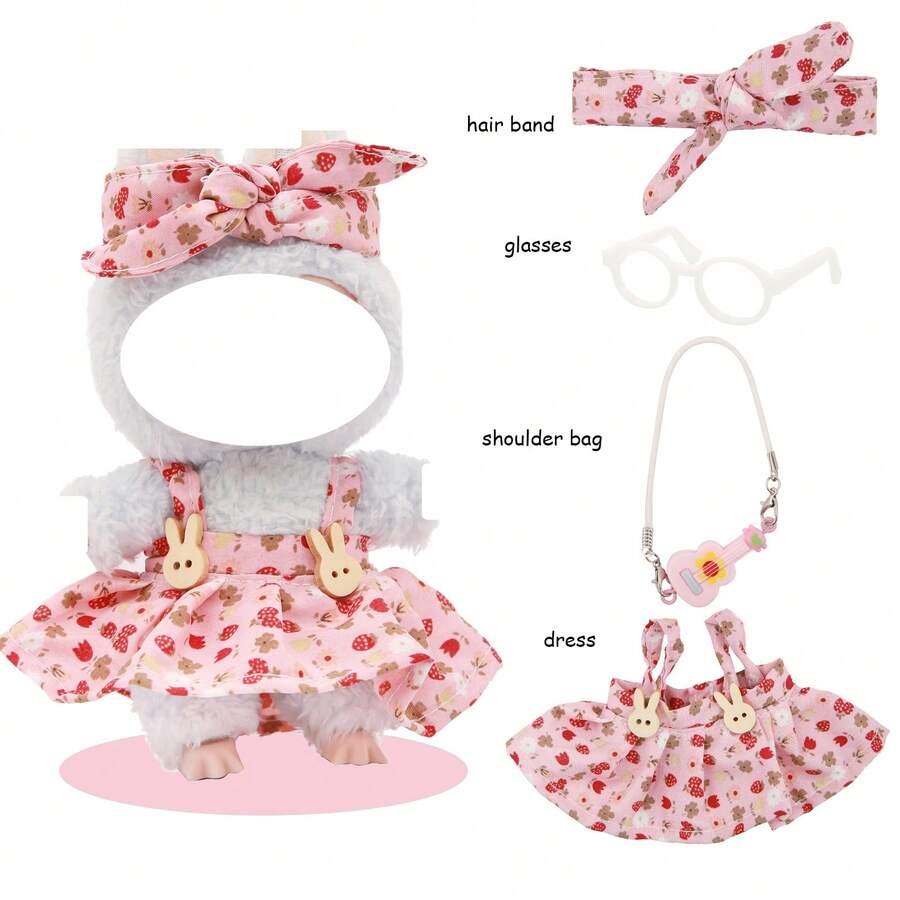 Bubu's Fashionable & Cute Ditsy Floral Headband & Dress Set (Headband And Dress Floral Patterns Are Random), Paired With Glasses And Crossbody Bag, New Peripheral (Excluding Plush Doll) - Multicolor - View 1