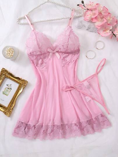 2 Stücke Damen sexy einfarbiges Kontrast-Spitzen Nachtwäsche Set, V-Ausschnitt rückenfrei Camisole Kleid, String, bequemes Nachthemd