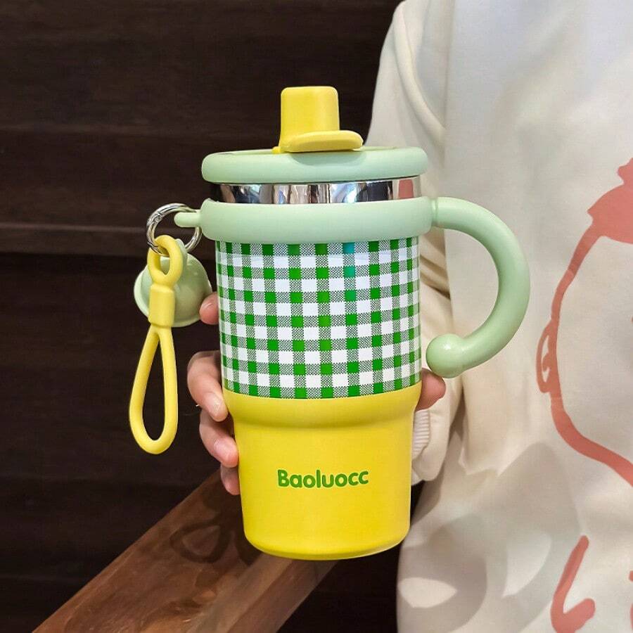 Taza de café a cuadros, taza con pajita, acero inoxidable, con asa de transporte, taza térmica, caja de regalo. - BOL-86130 Bloques de color verde y amarillo (forro interior de acero inoxidable) - Ver 1