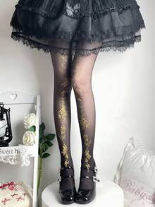 1件薄款洛丽塔Y2K金属印花连裤袜，春夏款 - 黑色 - 查看 2