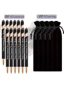 20 pezzi Penne a sfera personalizzabili + 20 pezzi Custodie nere per penne, punta fine, corpo in alluminio, cappuccio retrattile, scrittura fluida, leggere, con molletta, compatibili con touch screen, adatte per informazioni e regali personalizzati, utilizzabili come regali di inizio scuola, forniture scolastiche