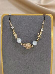 1 Peça Pulseira Pingente com Tema Oceânico Banhada a Ouro 18K para Mulheres e Meninas, Corrente de Elos com Estrela do Mar e Concha de Aço Inoxidável com Contas de Olho de Gato e Cubic Zircônia, Joia Boêmia Ajustável para Praia, Dia das Mães, Verão e Ocasiões Especiais