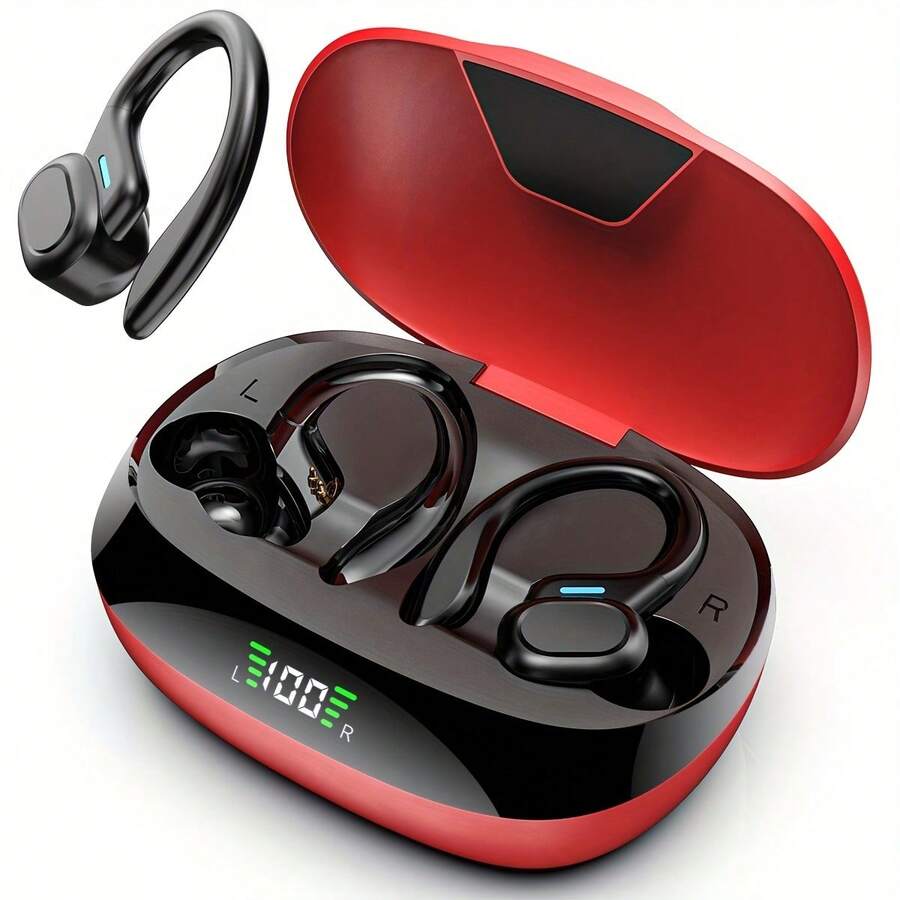 Wireless Headphones Wireless Earbuds 80hrs Playback Ear Buds Over-Ear Stereo Bass Earphones With Earhooks Microphone LED Battery Display For Sports/Workout/Gym/Running Red - Đỏ - Xem 1