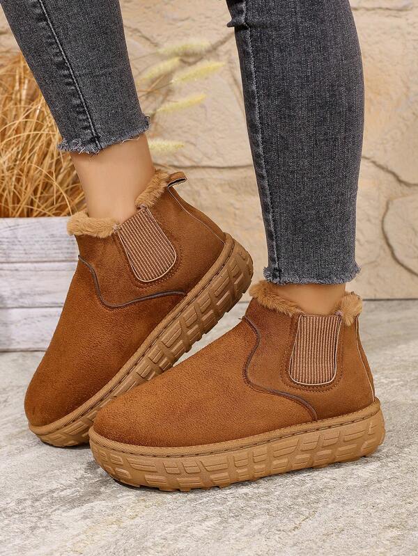 Botas de Neve Boêmias, Fofas, Novas para Outono/Inverno Femininas, Sapatos de Inverno de Tubo Curto com Sola Grossa, Cor Sólida Quente, Plus Size, Elástico, Aumento de Altura