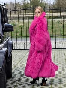 FHILLINUO 女士长款玫瑰红仿皮草外套，宽松版型，瀑布领，常规袖长，蓬松时尚冬季外套 - 玫紅 - 查看 8