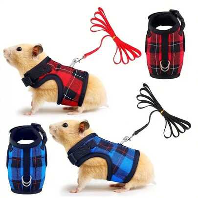 Regulowany zestaw szelek i smyczy w kratę, odpowiedni dla małych zwierząt domowych – świnek morskich, fretek, wiewiórek itp. Kamizelka nie ściągana – tylko pranie ręczne, chomiki