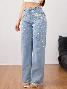 Women's Fashionable Non Elastic Loose Denim Pants - Handmade Bead Decoration Straight Leg Jeans, Comfortable Multifunctional Pants - 淺色水洗藍 - 查看 3