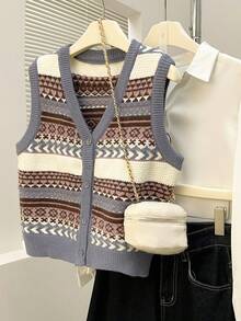 Alicedudu Women's Retro V-Neck Cardigan Vest, Autumn/Winter - Multicolor - View 1