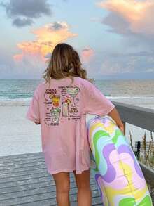 T-shirt da donna a maniche corte con grafica di cocktail e slogan, collo tondo, stile casual e versatile da vacanza, abiti estivi di moda adatti per l'uso quotidiano in vacanza