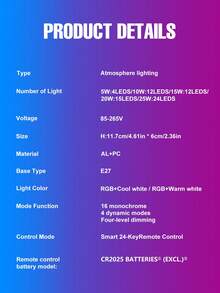 25W RGB LED 灯泡带遥控器，彩色室内 220V/110V 多色变色可调光嵌入式吊灯灯泡 5W RGBW 冷白/RGBWW 暖白 10W 智能电竞室卧室床头圣诞节万圣节节日礼物夜间装饰照明 15W 动态 4 种模式 15 种颜色派对酒吧聚光灯 20W 可调亮度客厅背光壁灯氛围灯 - RGB Bulb-with 24key Remote(E27/E26) - 查看 12