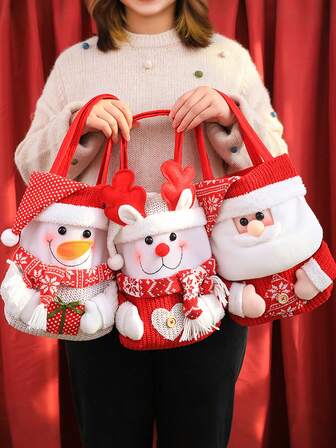 1 件节日圣诞手提袋，带有圣诞老人、雪人和驯鹿设计 - 非常适合节日糖果和苹果礼物，翻盖封口，完美的圣诞礼品袋