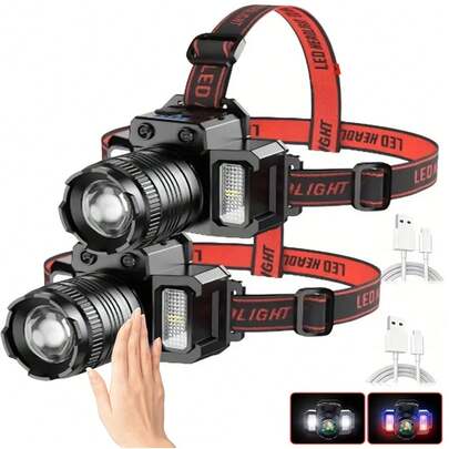 Linterna frontal recargable (paquete de 1 o 2), 1500 lúmenes, LED superbrillante con 5 modos, ajustable, larga duración, impermeable, para camping, caza, senderismo.