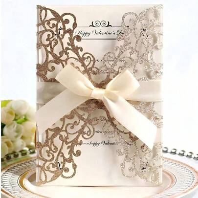 20 piezas Invitaciones de boda con diseño de rosa hueca dorada con brillo, con sobres y tarjetas RSVP, con cintas anudadas previamente, para boda, despedida de soltera, fiesta de compromiso, aniversario, mejor regalo