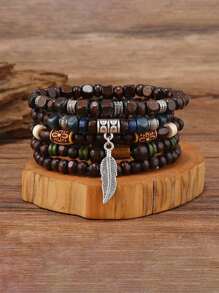 4/5 件/套复古波西米亚男士手链可调节木珠手链波西米亚堆叠套装节日羽毛叶饰物珠宝，多层手链套装，圣诞节新年情人节节日派对礼物，适合男女 - 彩色 - 查看 1