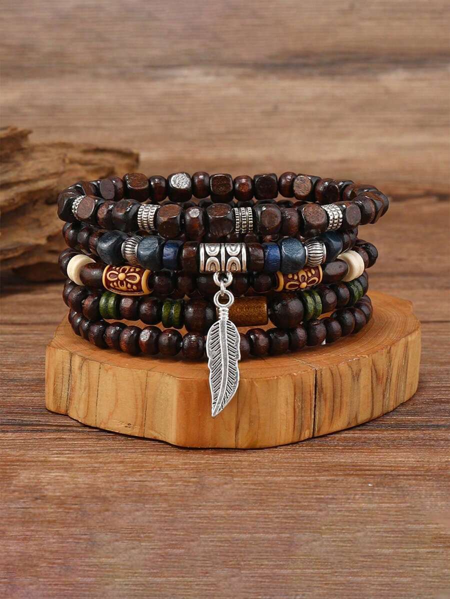 4/5 件/套复古波西米亚男士手链可调节木珠手链波西米亚堆叠套装节日羽毛叶饰物珠宝，多层手链套装，圣诞节新年情人节节日派对礼物，适合男女 - 彩色 - 查看 1
