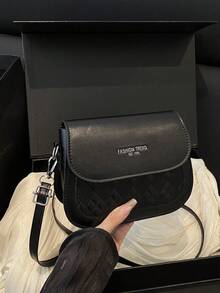 时尚撞色钻石压纹马鞍形迷你斜挎包 - 黑色 - 查看 10