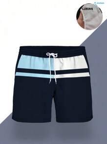 男士夏季印花图案抽绳腰斜口袋夏威夷速干双层网眼衬里短裤，撞色3D艺术印花，时尚休闲沙滩泳裤 - 彩色 - 查看 3