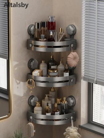 2 件塑料转角淋浴架带吸盘，壁挂式淋浴架浴室储物架，弧形设计，用于放置洗发水、化妆品和洗漱用品，无需钻孔可拆卸浴室壁架篮厨房角落储物浴室装饰夏季返校，浴室收纳和储物浴室配件