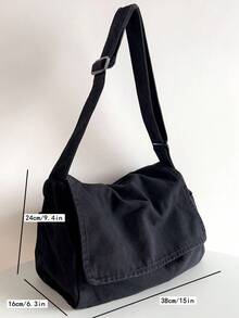 复古极简百搭翻盖单肩包，加厚水洗帆布包，休闲百搭大容量美式斜挎包，学院风日系大学生书包，短途旅行包，简约街头布包，黑色斜挎包 - 黑色 - 查看 11