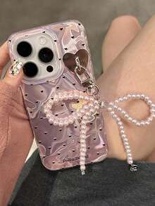 激光爱心蝴蝶结吊坠闪亮水波纹手机壳，兼容 17/16 Pro Max/15 Pro/14/13，夏季防震保护套，甜美少女风 - 粉色 - 查看 3